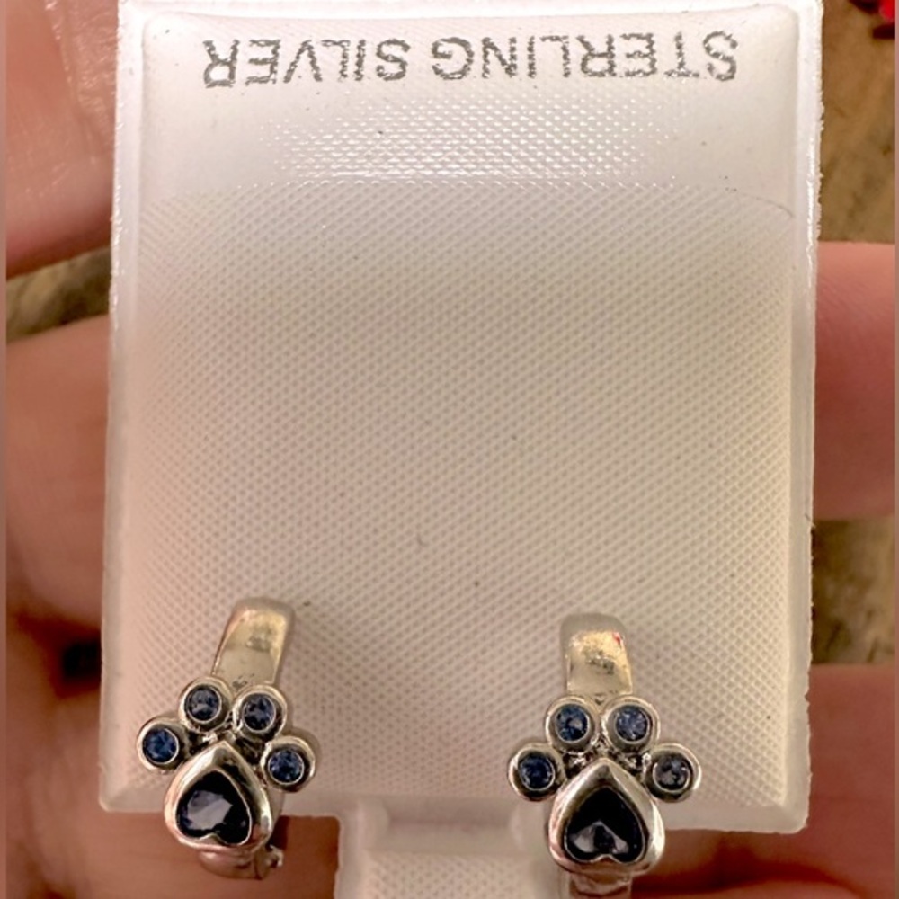 - 925 Sterling Silver Huggie Hoop Blue cz Pet Paw Print Earrings cat dog